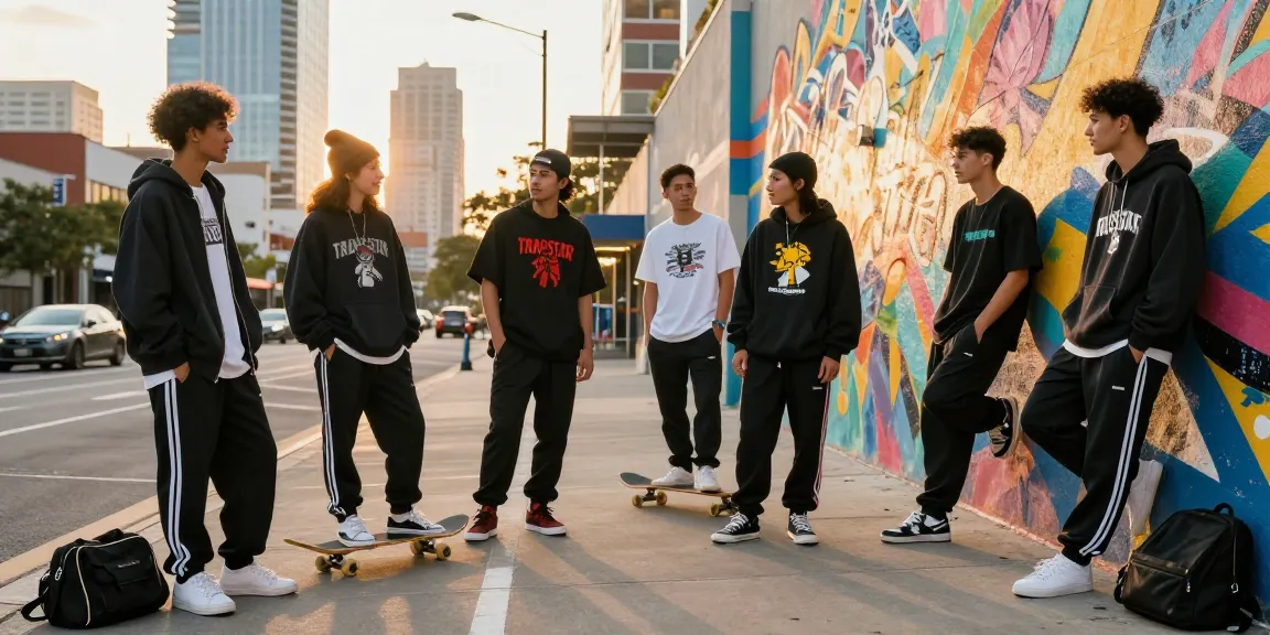 Scena di streetwear elegante Trapstar Italy con giovani adulti in contesto urbano