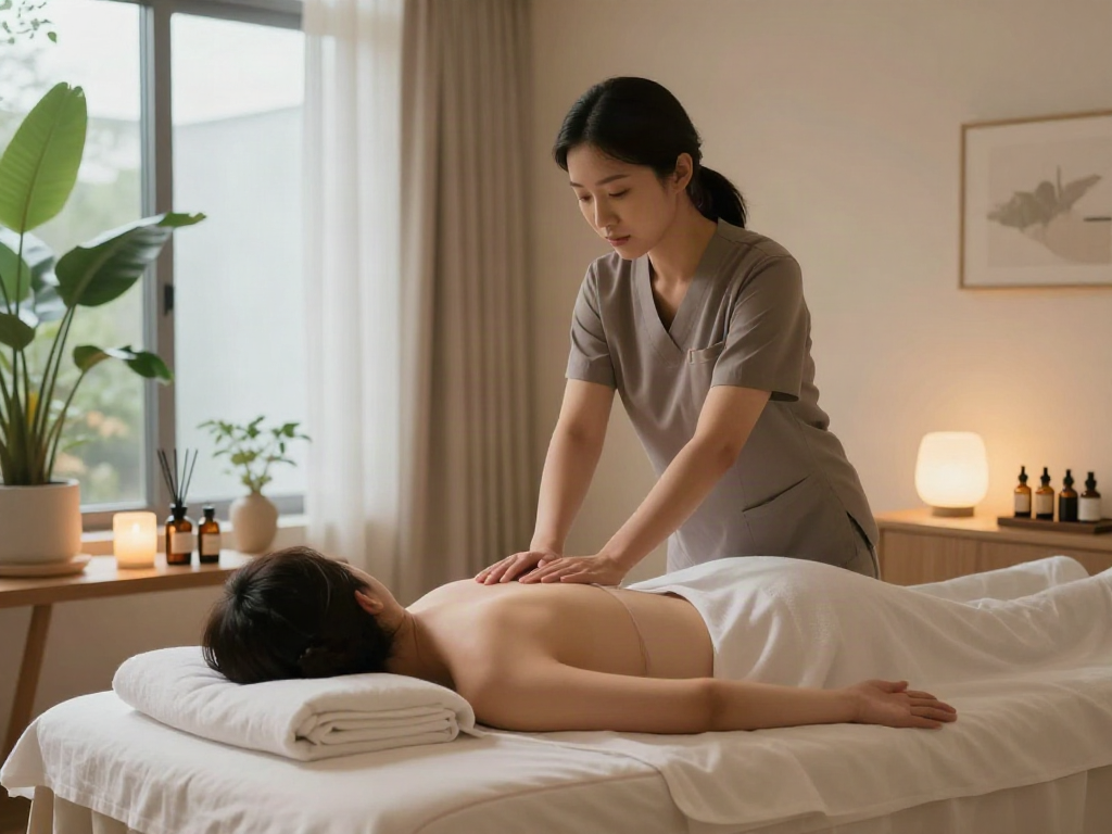 Relaxing 의정부출장마사지 session in wellness studio with soothing decor and natural elements.