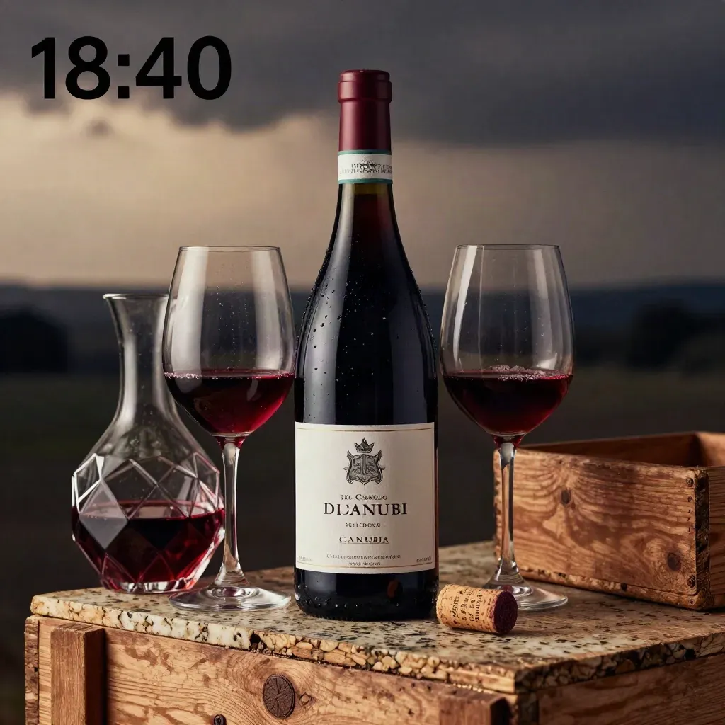 Magnum di Barolo con calici e decanter su travertino, luce calda dopo il temporale.
