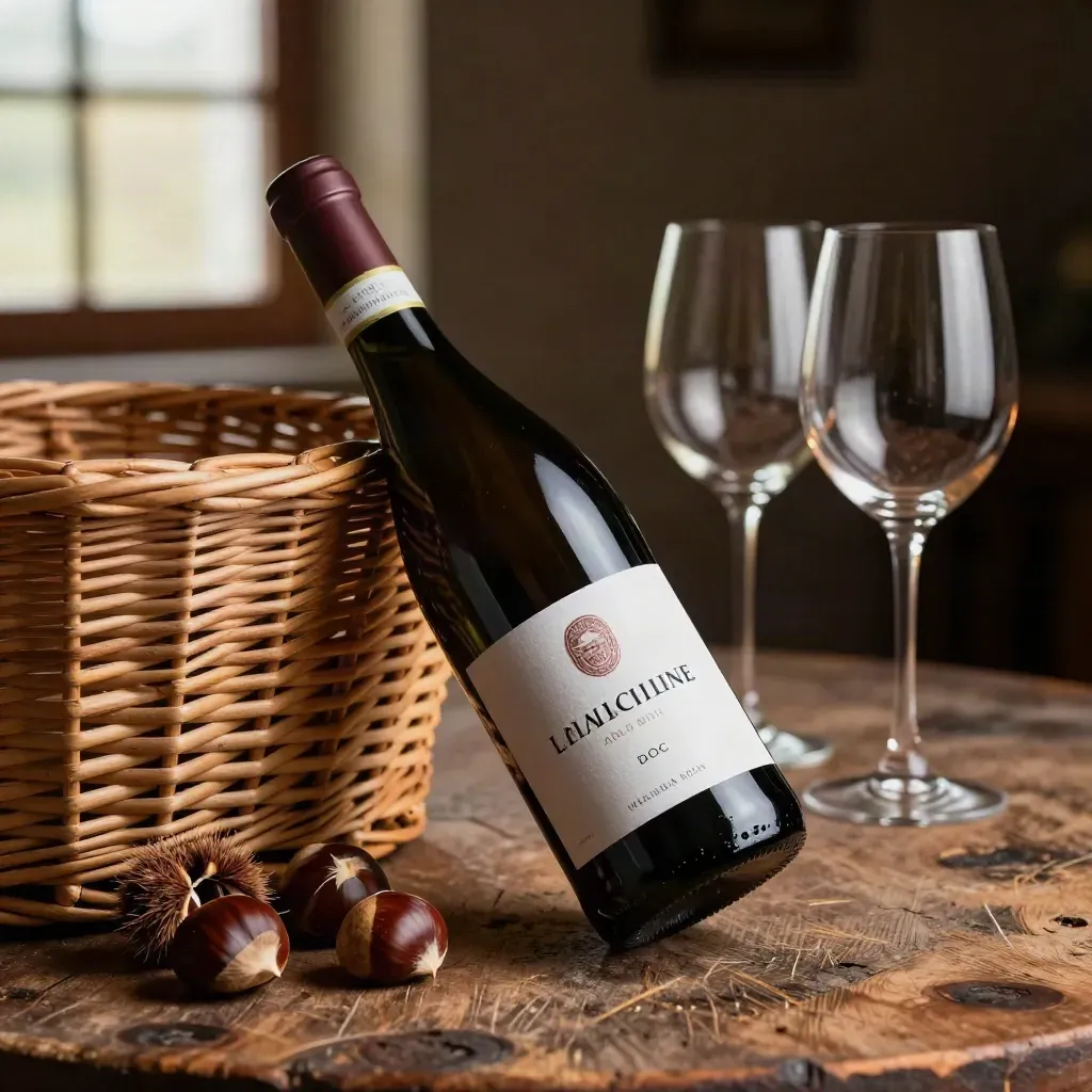 Bottiglia di Langhe Nebbiolo con cesto di vimini, castagne e due calici su tavola rustica.