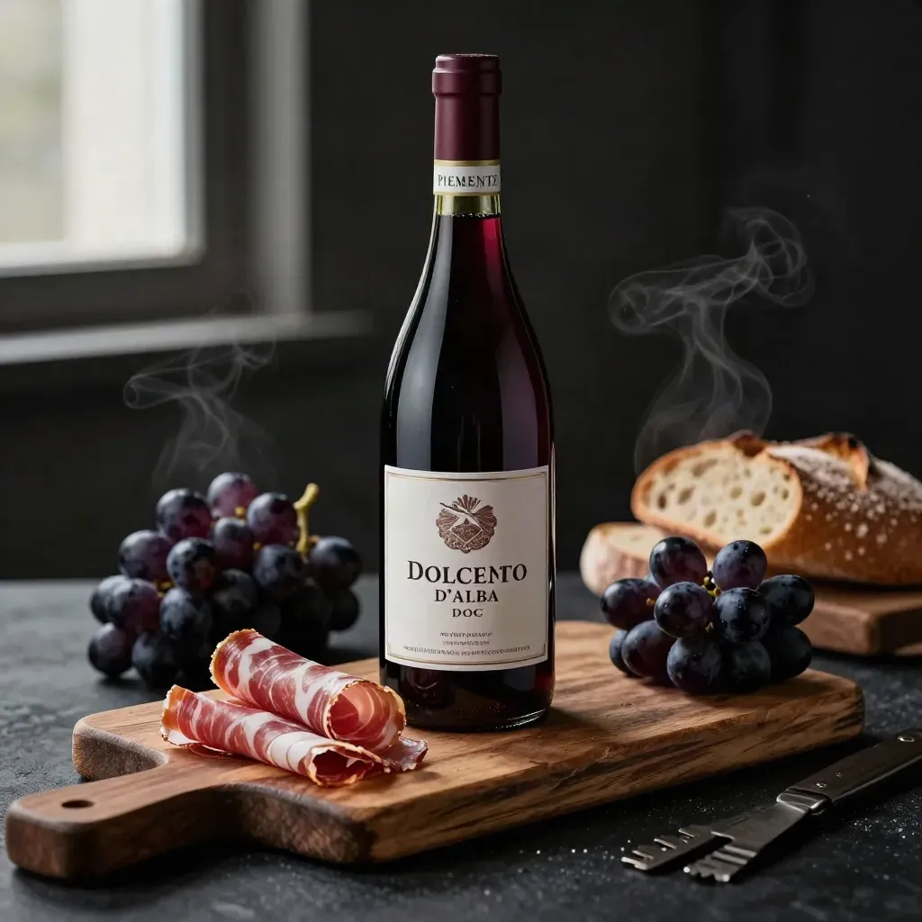 Bottiglia di Dolcetto d’Alba con salumi, uva scura e pane rustico su tavola scura.