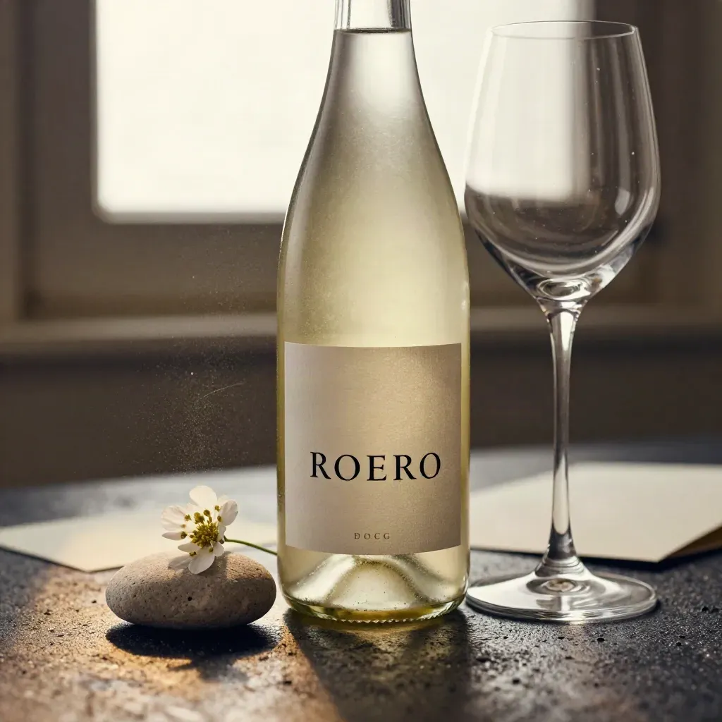 Bottiglia di Roero Arneis con fiori di campo, sasso chiaro e calice vuoto su fondo scuro.