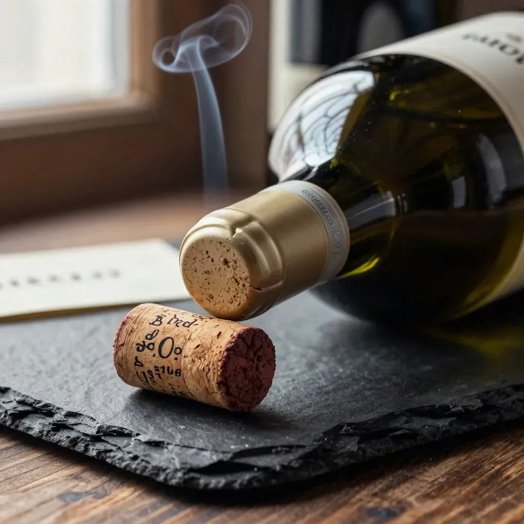 Bottiglia di Barolo Riserva su ardesia scura con cera, sughero spezzato e quercia.
