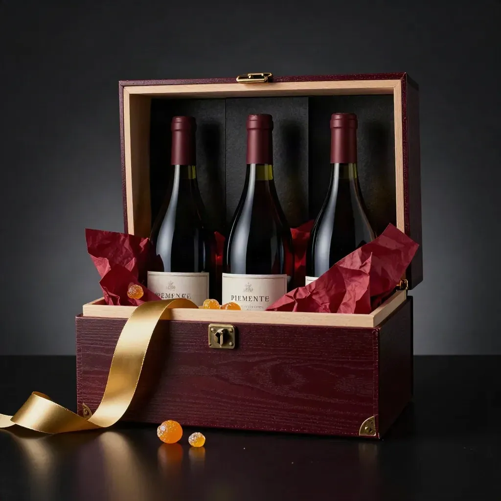 Box regalo Piemonte aperta con tre bottiglie, nastro sciolto e agrumi canditi su fondo scuro.
