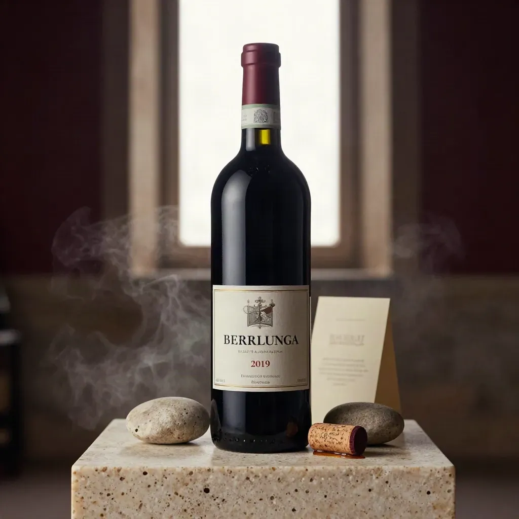 Bottiglia di Barolo Riserva su travertino con sassi di fiume, tappo e cera, in luce soffusa.