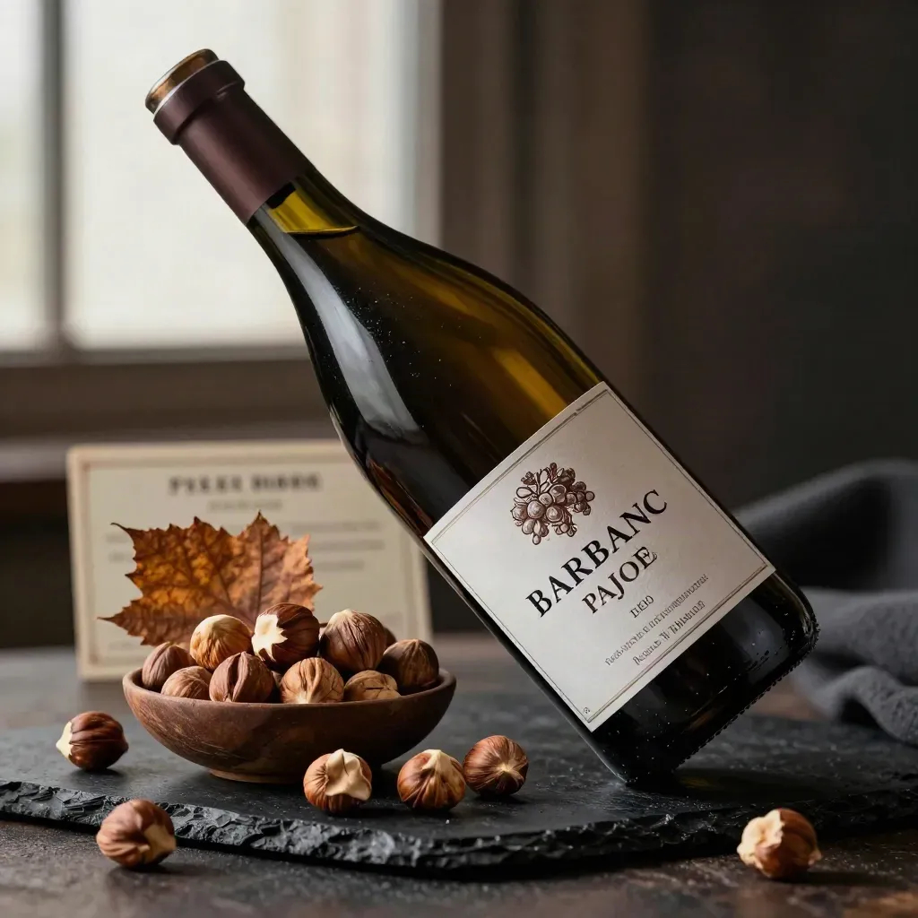 Bottiglia di Barbaresco con grappolo, foglia secca e ciotola di nocciole su fondo scuro