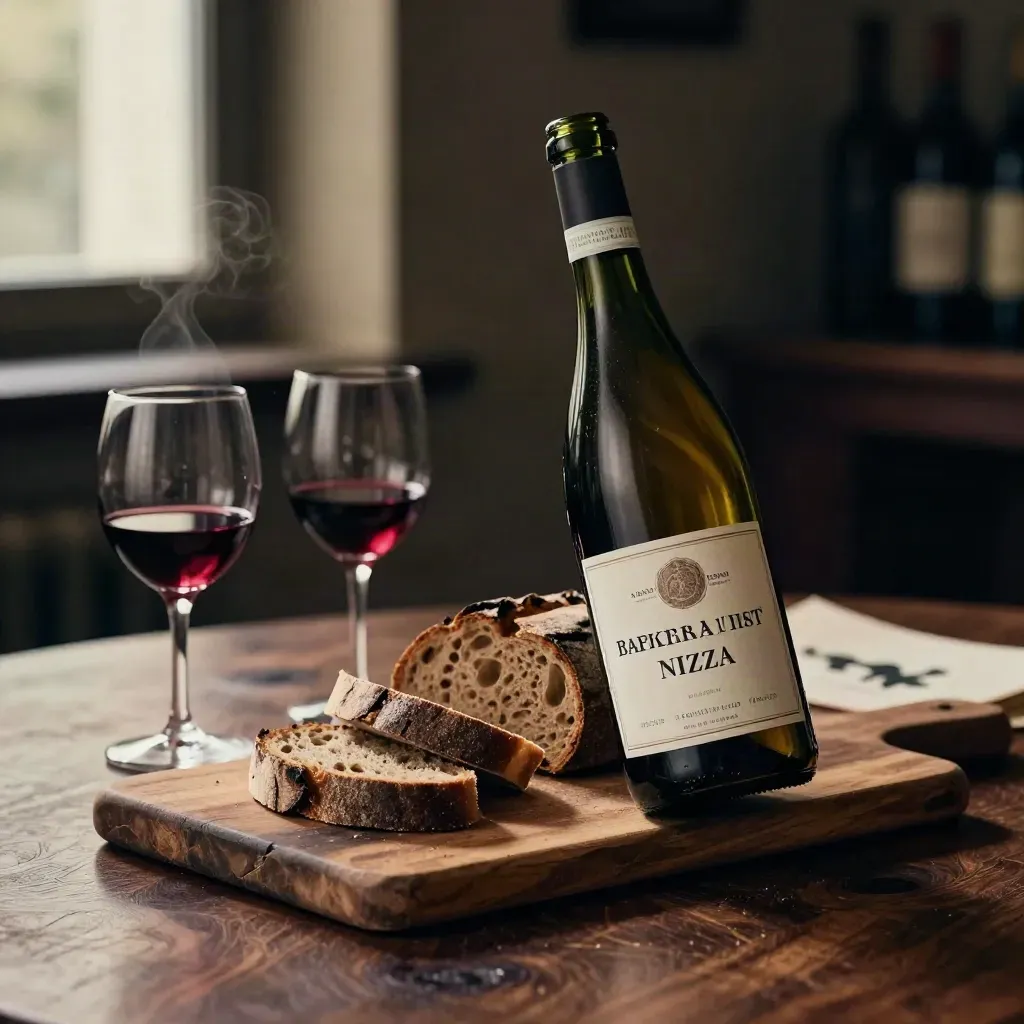 Bottiglia di Barbera con pane scuro, tagliere di legno e due bicchieri bassi in luce serale.