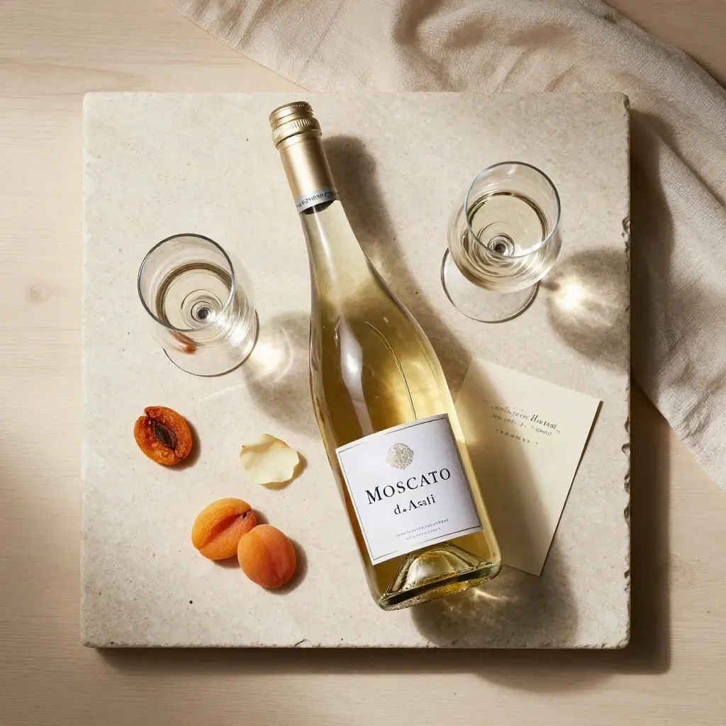 Bottiglia di Moscato d’Asti con calici piccoli, albicocche secche e petali chiari su travertino.