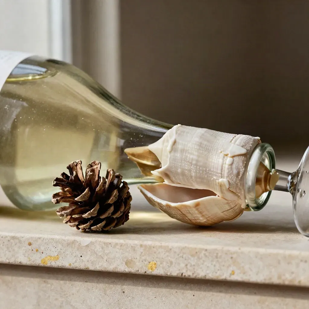 Bottiglia di Langhe Chardonnay con calice opalino, gusci chiari e pigna su fondo chiaro.