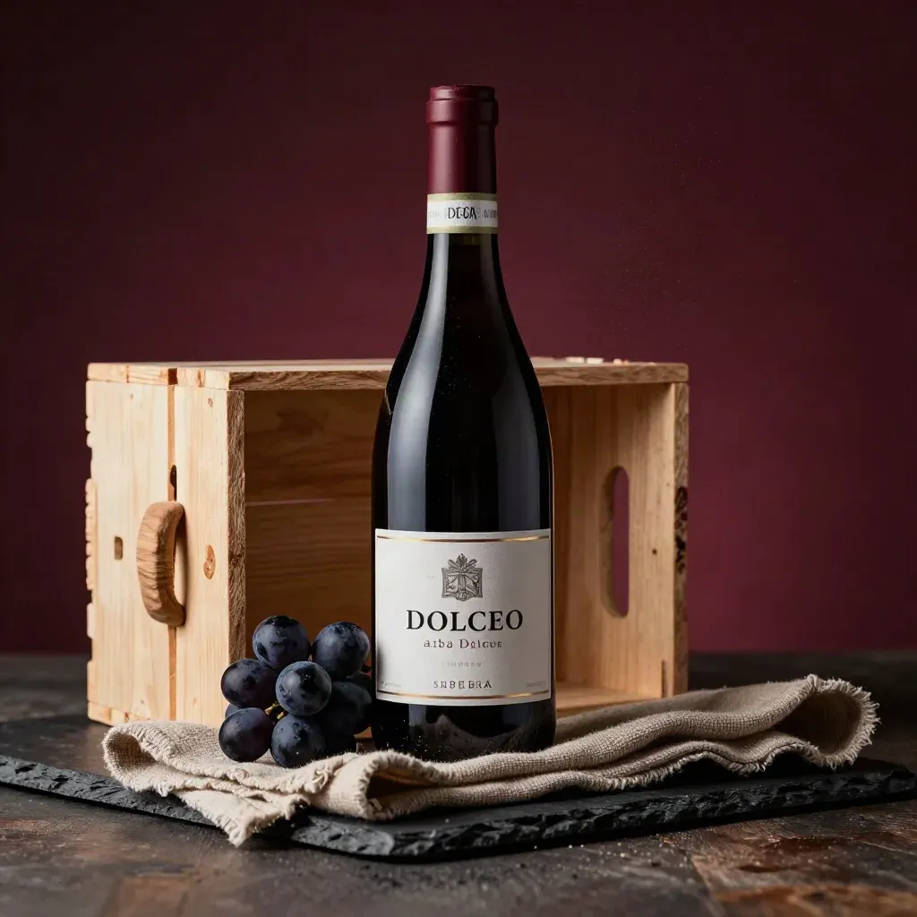 Bottiglia di Dolcetto d’Alba Superiore con cassetta in legno, grappolo nero e stoffa grezza in studio.