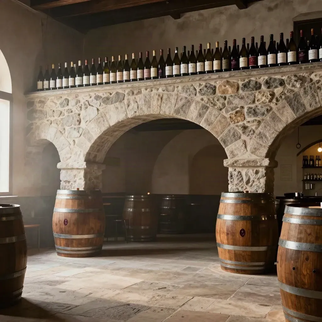 Corte di cantina in pietra con botti grandi, archi bassi e bottiglie sfocate in alto