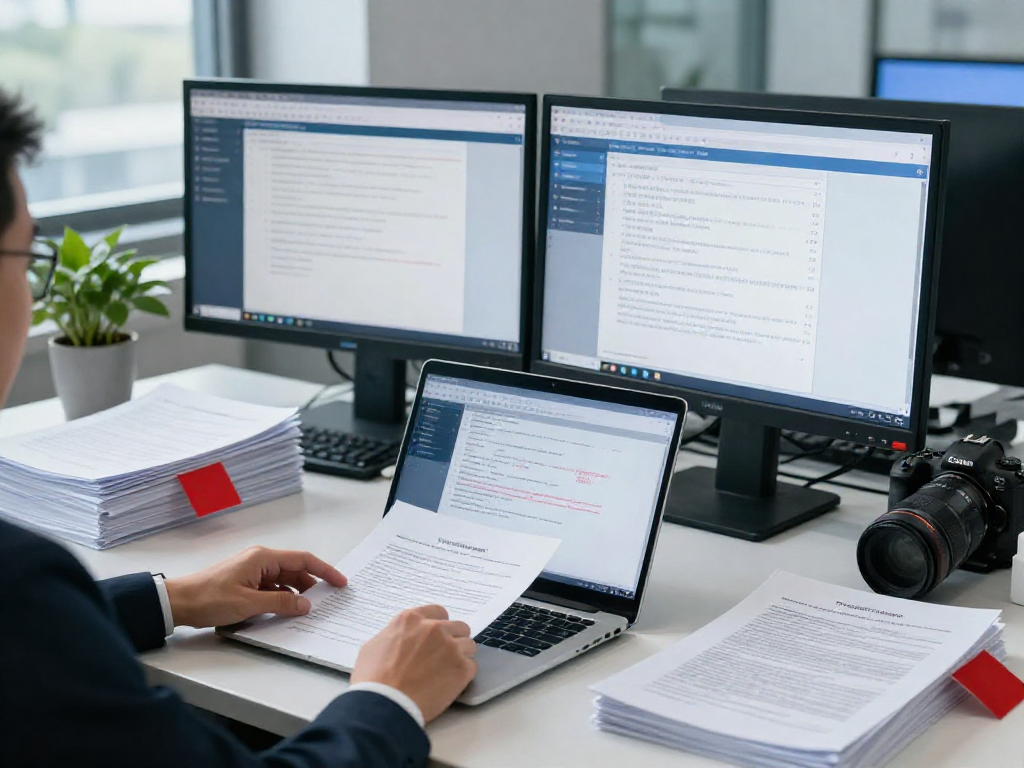 Compliance officer performing document fraud detection with advanced forensic analysis tools in a modern office.