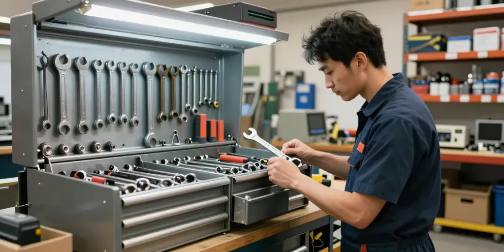 La cassettiera officina ben organizzata con utensili pronti all'uso in un ambiente produttivo.