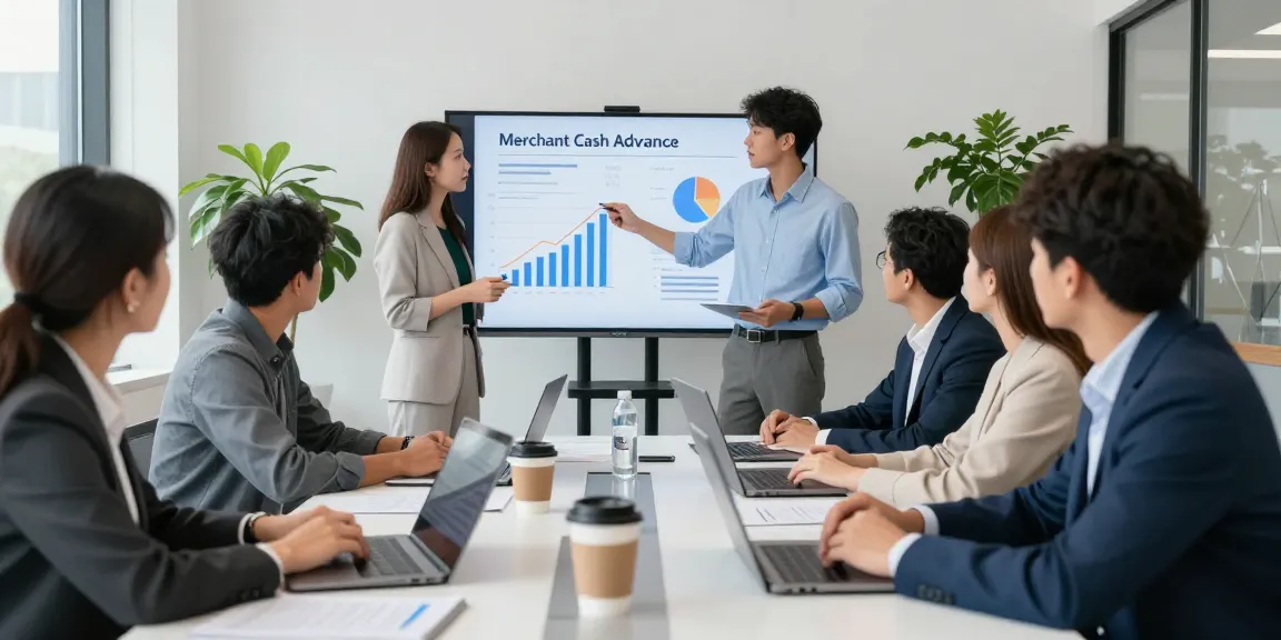 Merchant cash advance UK team discussing business strategies in a modern office setting.
